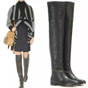 Jimmy Choo Mitty Flat Black Grainy Calf Leather Flat at The Knee Boots